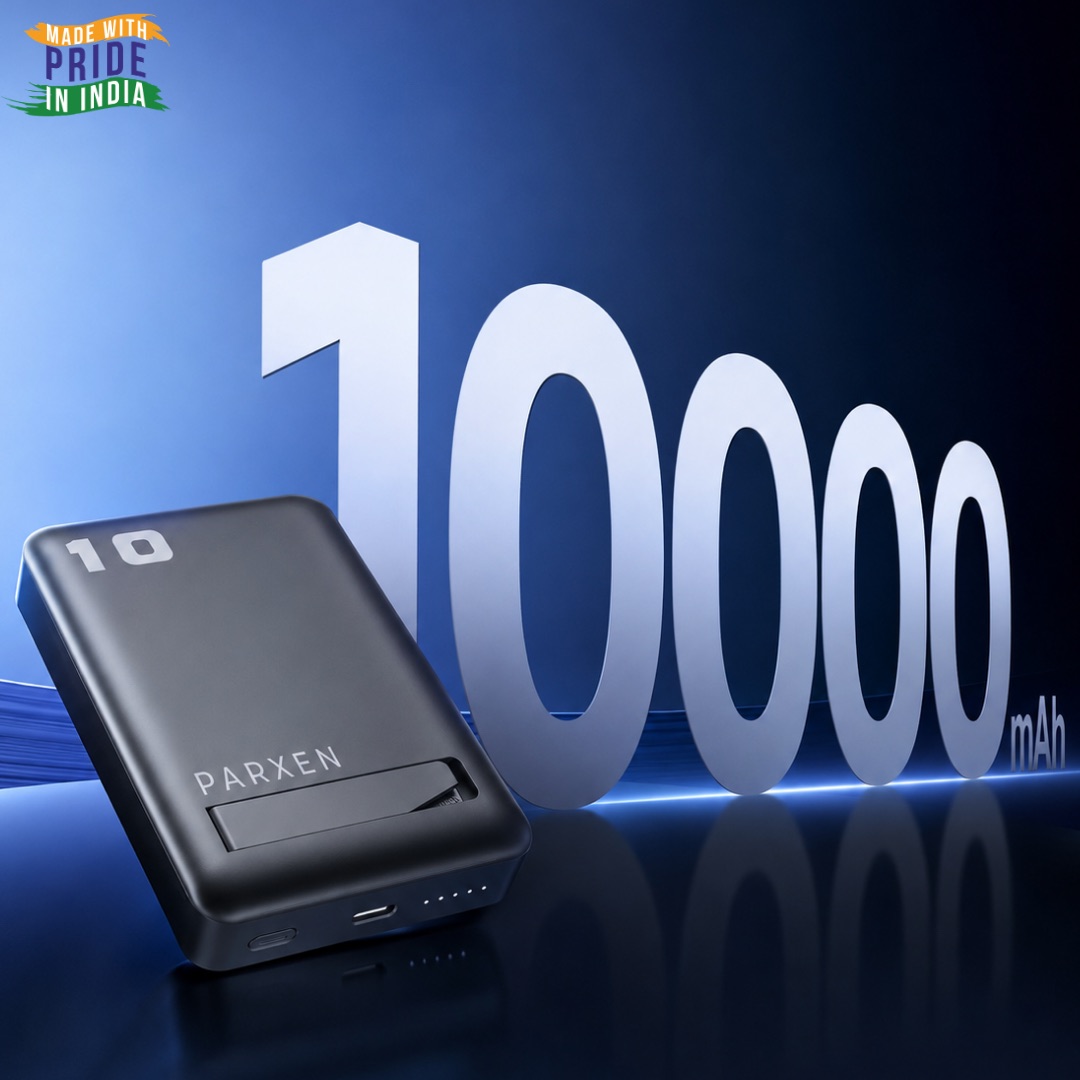 Parxen 10000 Magnetic beside giant 10000 mAh numerals, with a Made with Pride in India badge