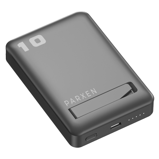 Parxen 10000 Magnetic power bank, three-quarter view, showing the 10 marking and the fold-out kickstand
