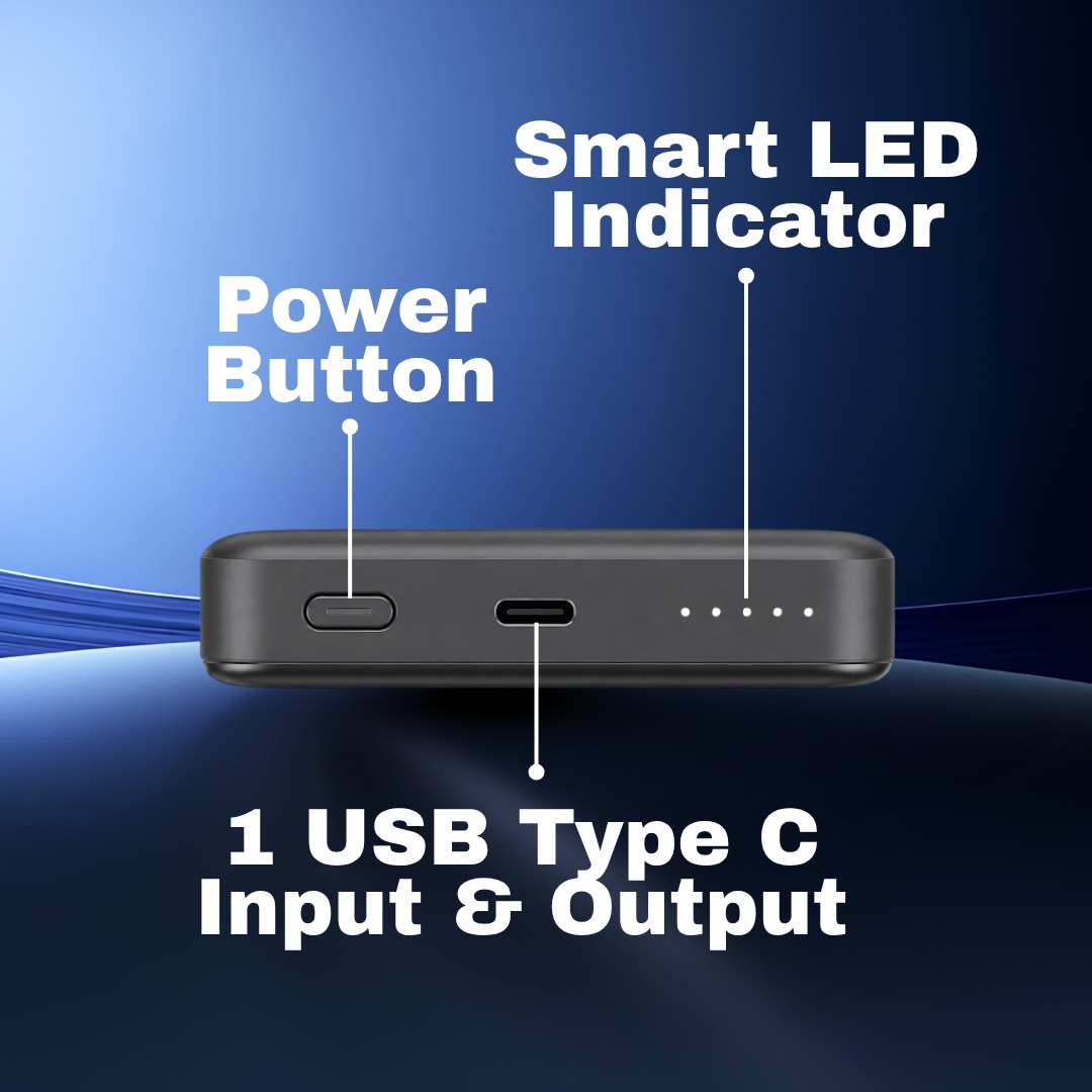 Bottom edge of the pack showing the power button, USB Type-C port and smart LED indicator