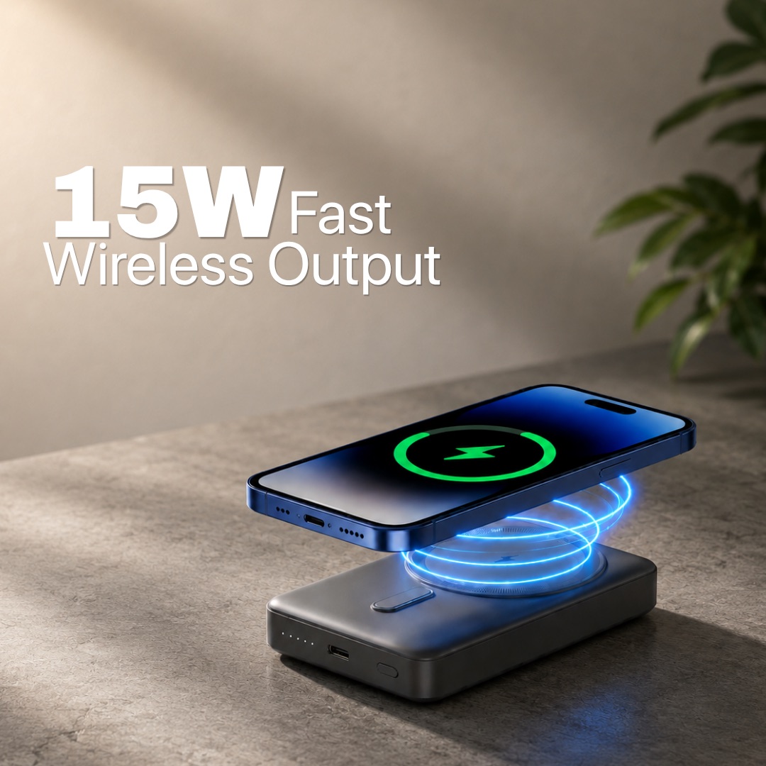 Phone charging wirelessly above the Parxen pack, 15W fast wireless output